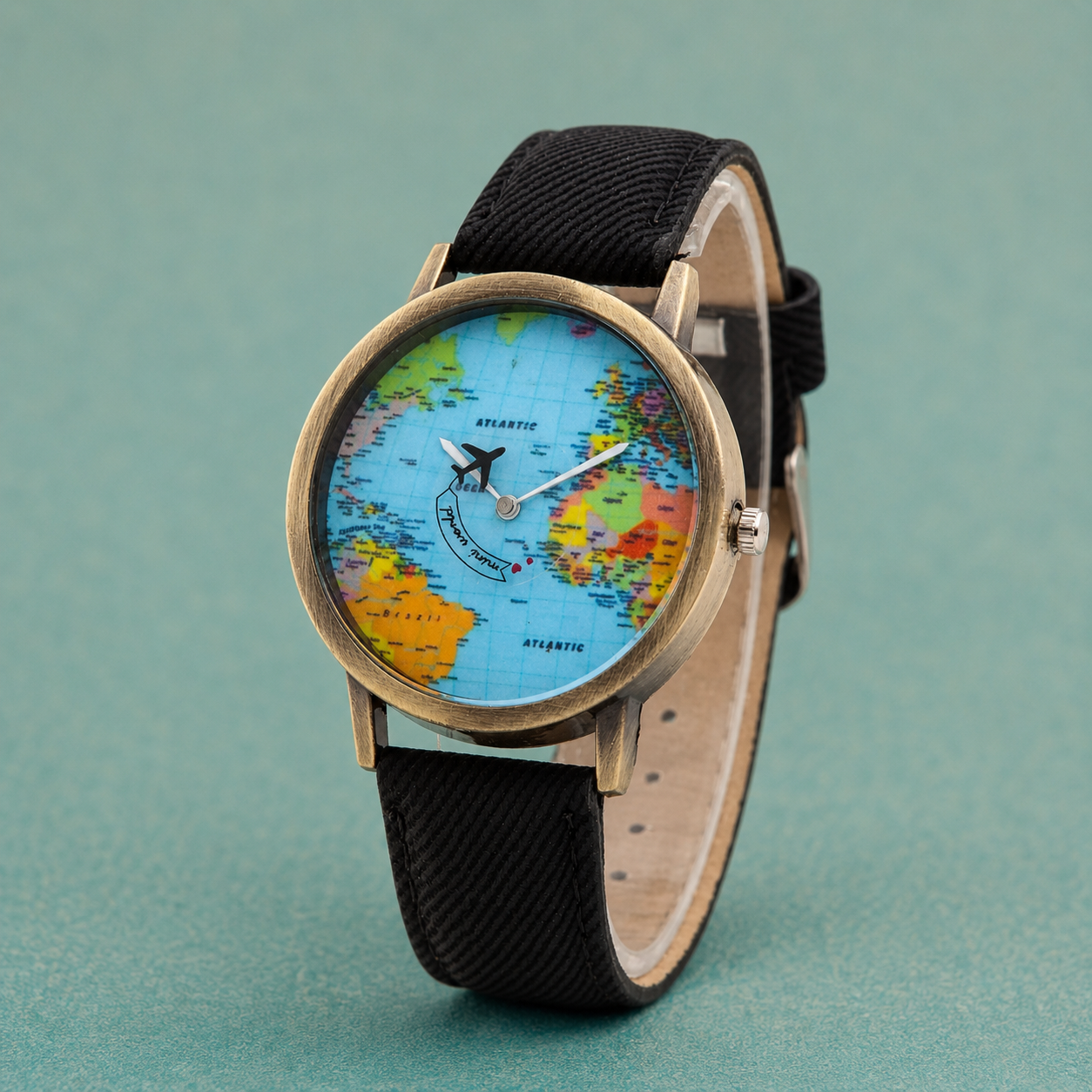 World Map Watch With Rotating Plane