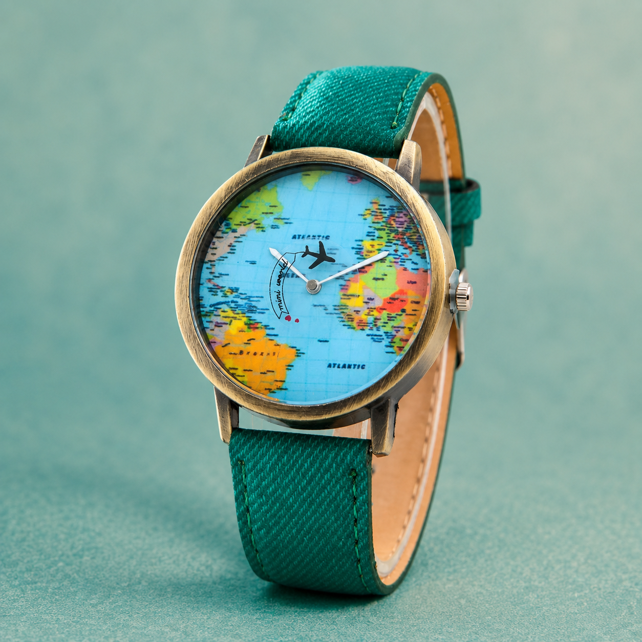 World Map Watch With Rotating Plane