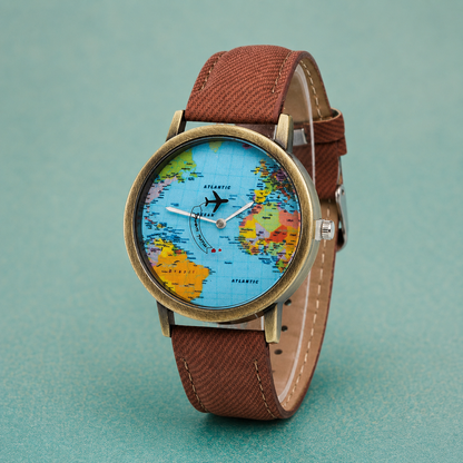 World Map Watch With Rotating Plane