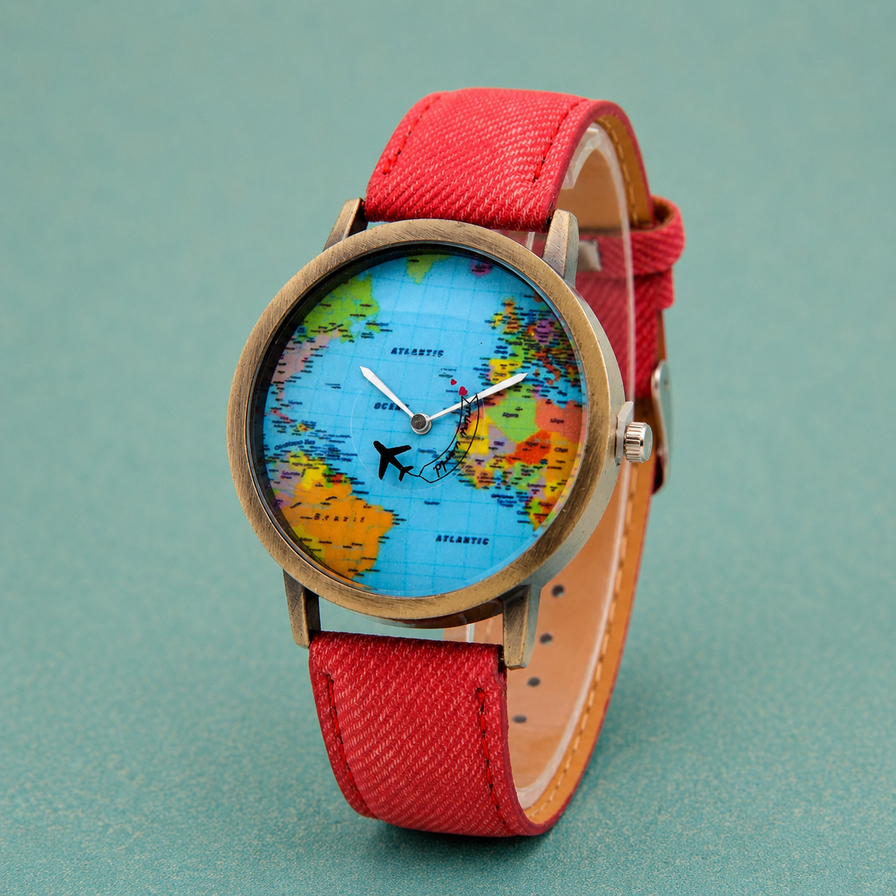 World Map Watch With Rotating Plane