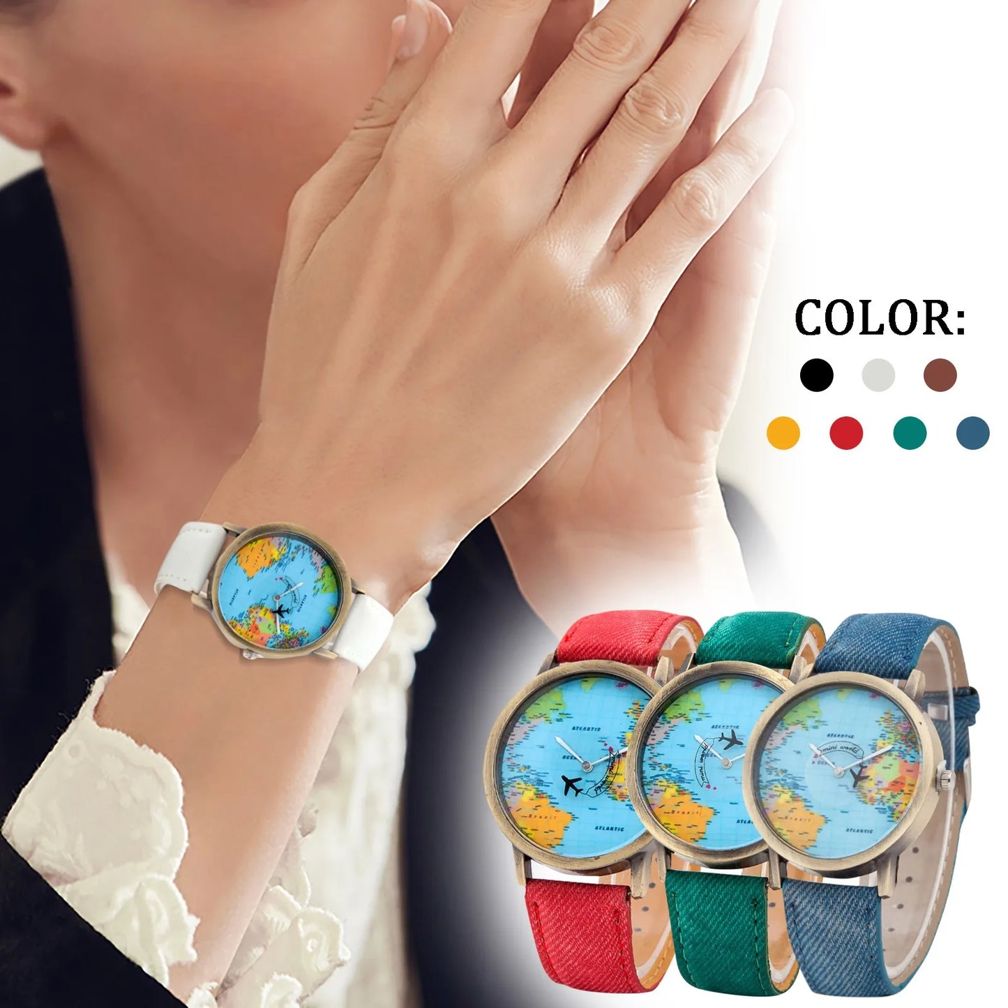 World Map Watch With Rotating Plane